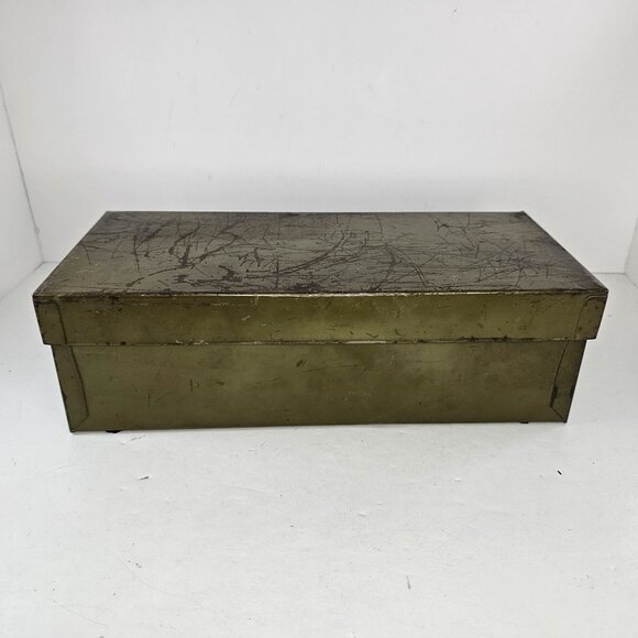 Vintage Metal File Storage Box Olive Green Distressed Finish With Lid Bankers - Picture 5 of 12